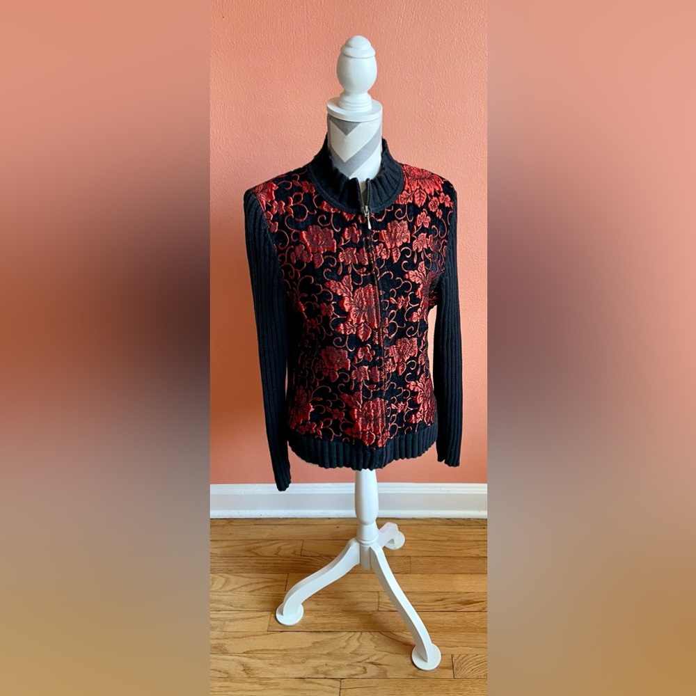 Christopher & Banks Black and Red Floral Cardigan